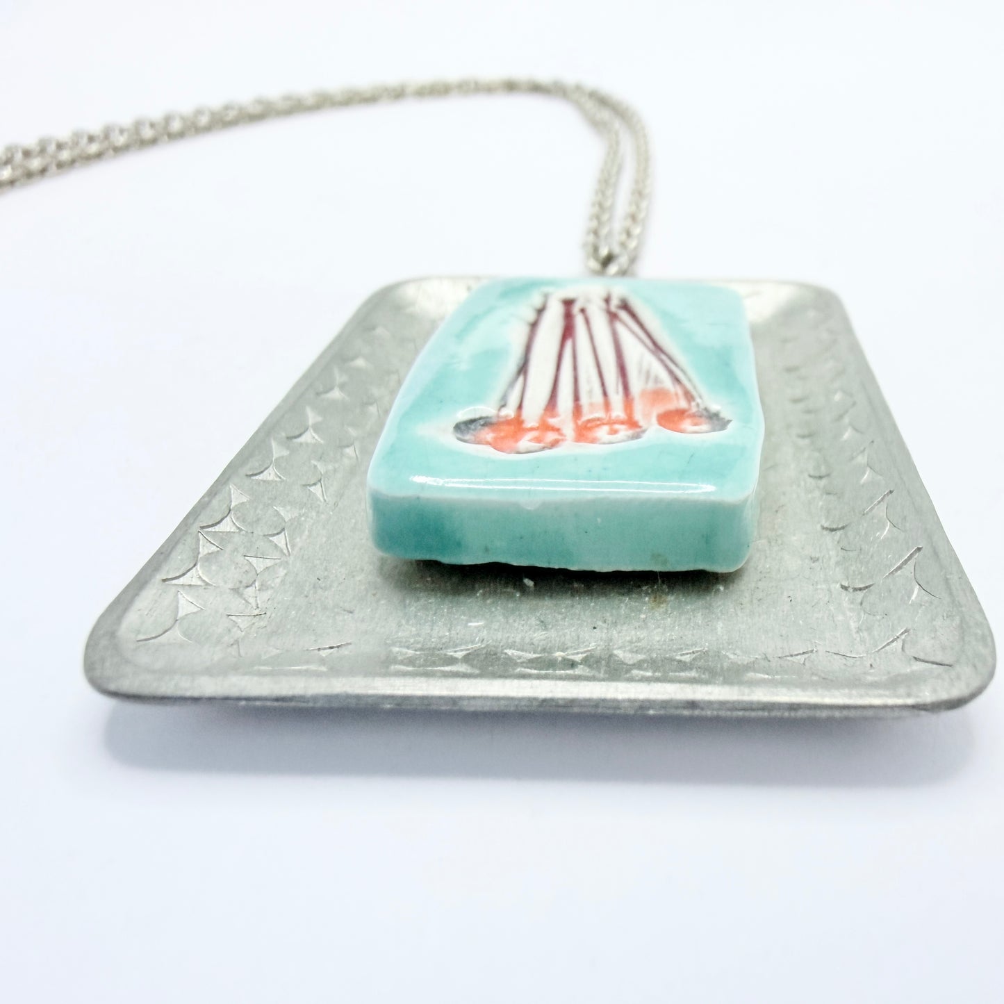 Design 68, Denmark ca 1970. Vintage Pewter Ceramic Pendant Necklace.