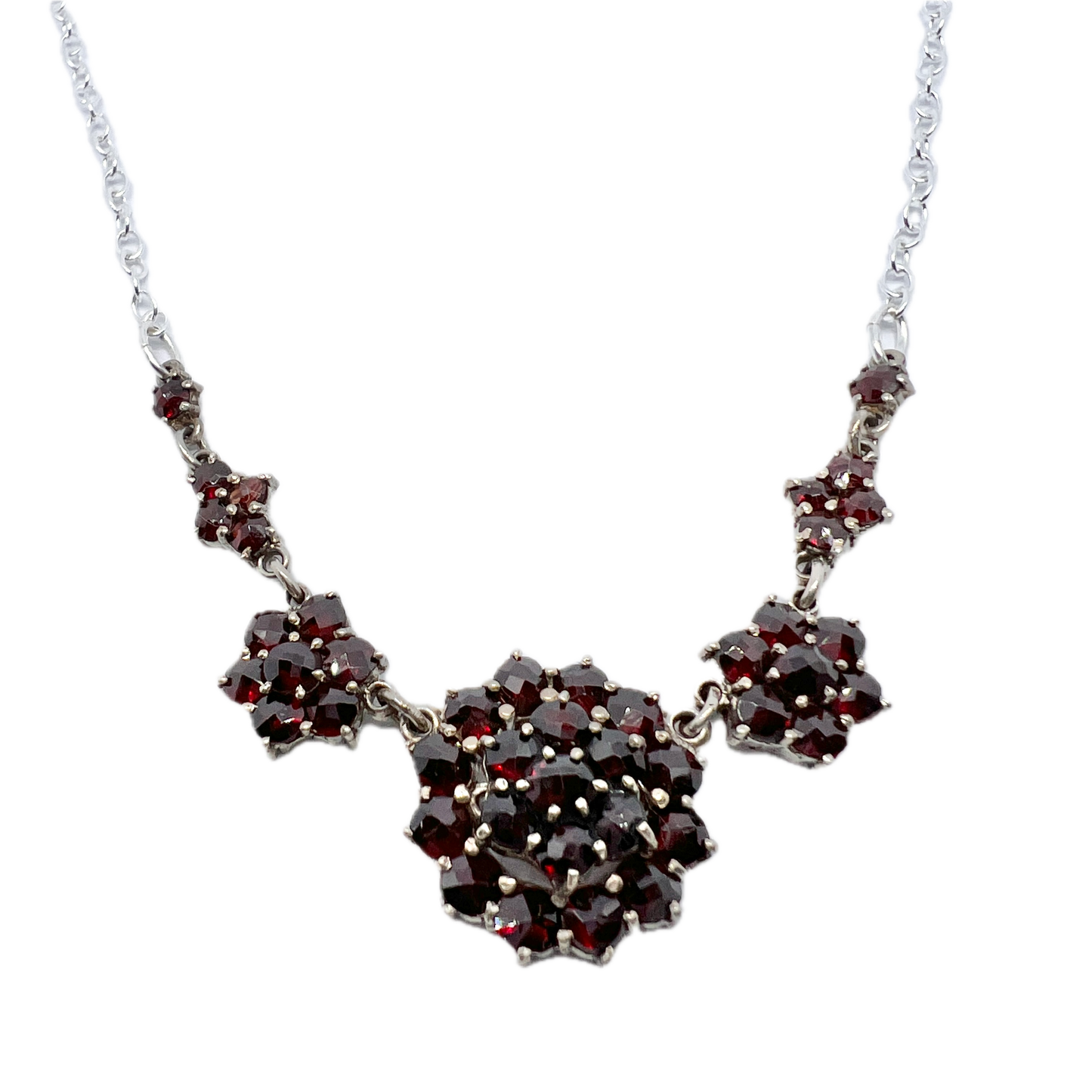 Vintage c 1950s Solid Silver Garnet Cluster Necklace.