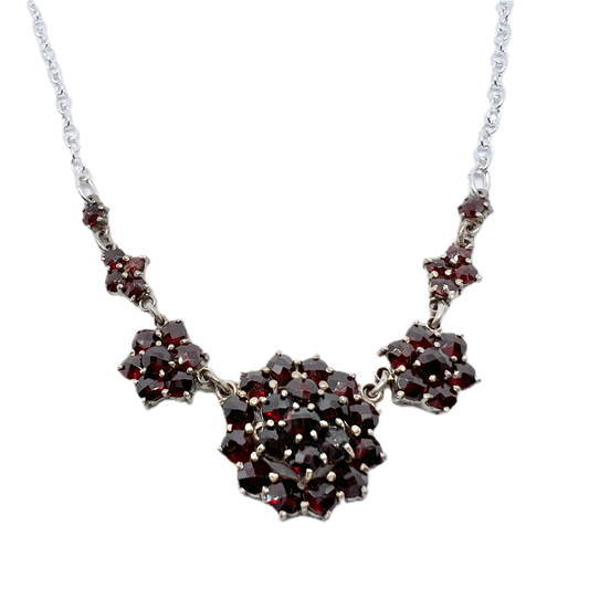 Vintage c 1950s Solid Silver Garnet Cluster Necklace.