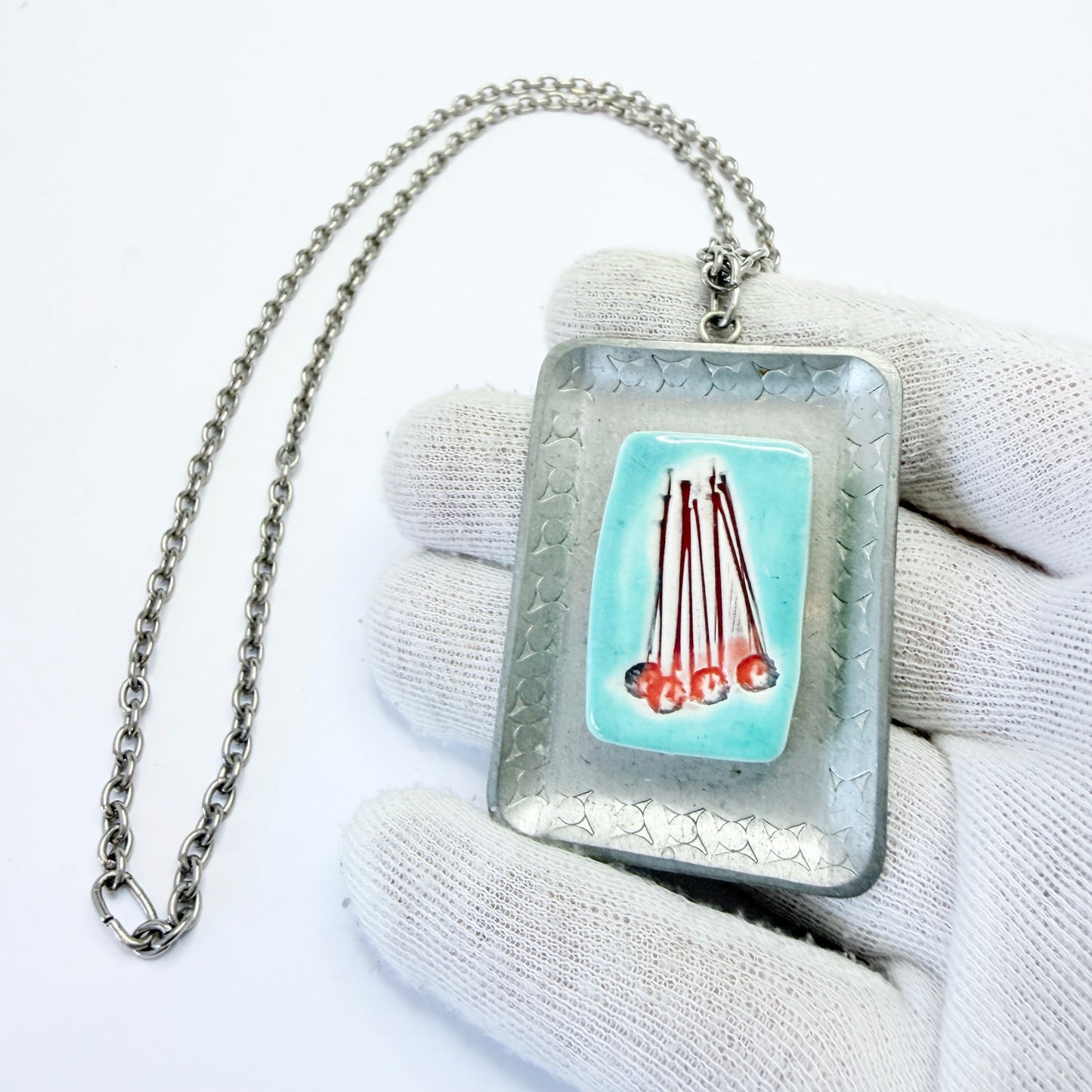 Design 68, Denmark ca 1970. Vintage Pewter Ceramic Pendant Necklace.