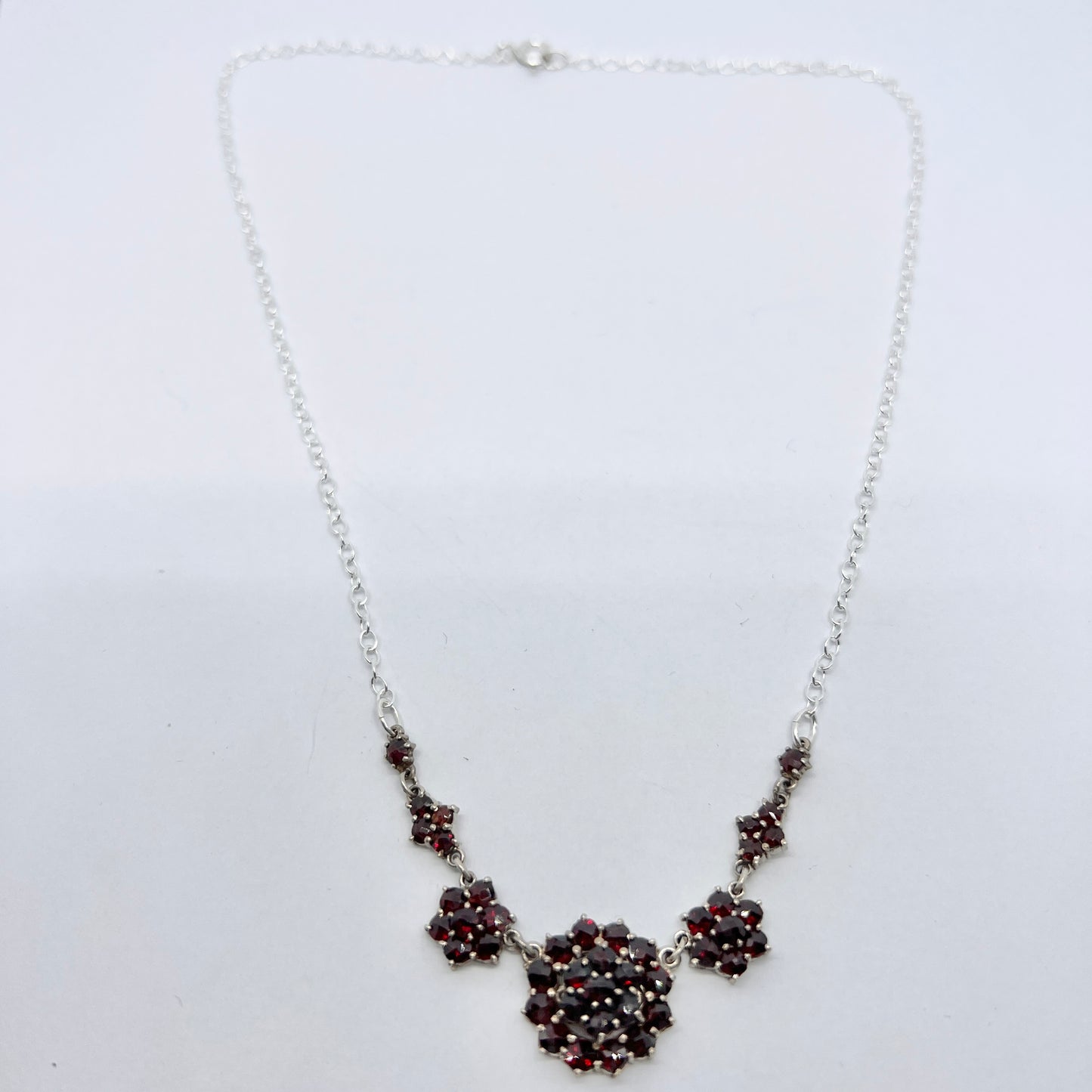 Vintage c 1950s Solid Silver Garnet Cluster Necklace.