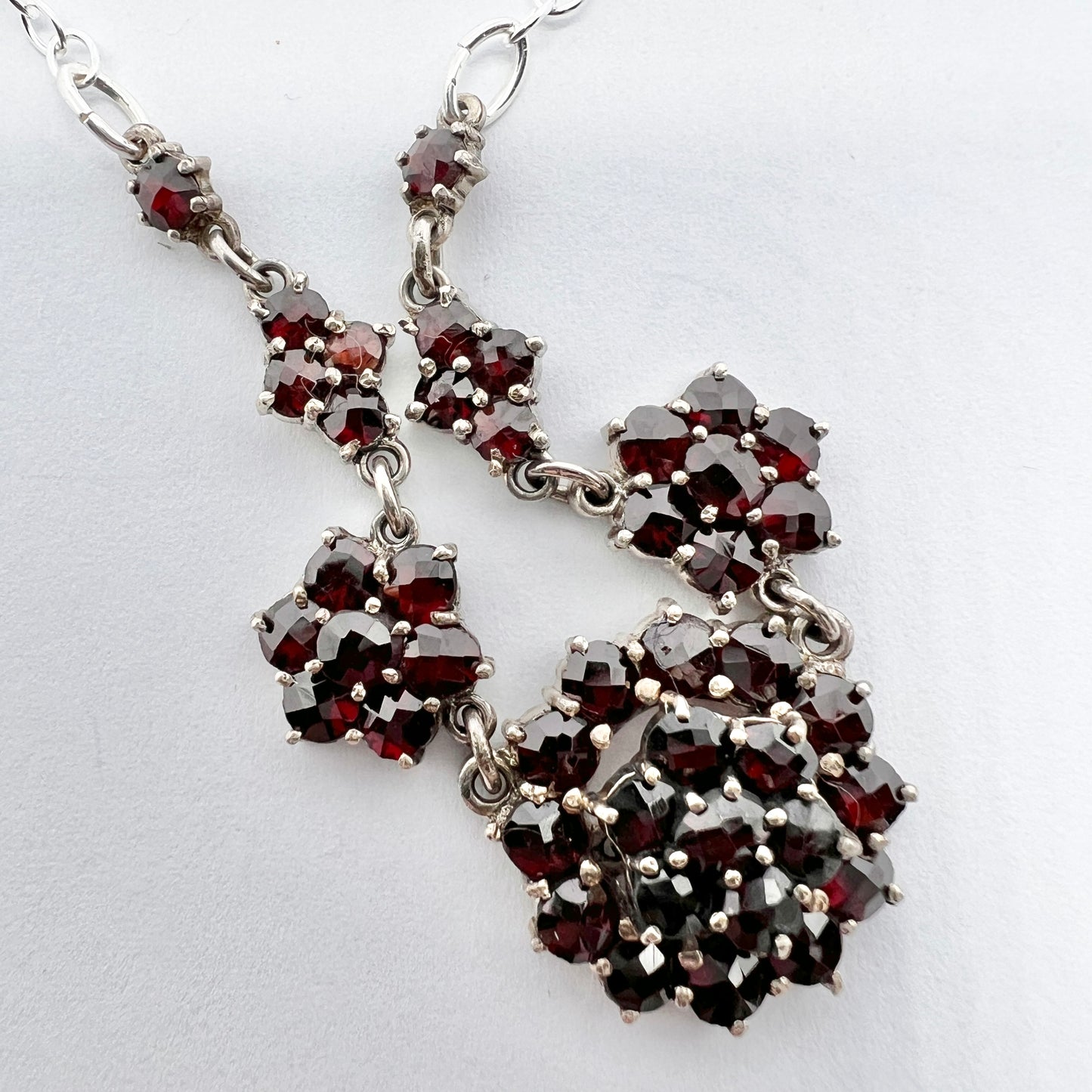 Vintage c 1950s Solid Silver Garnet Cluster Necklace.