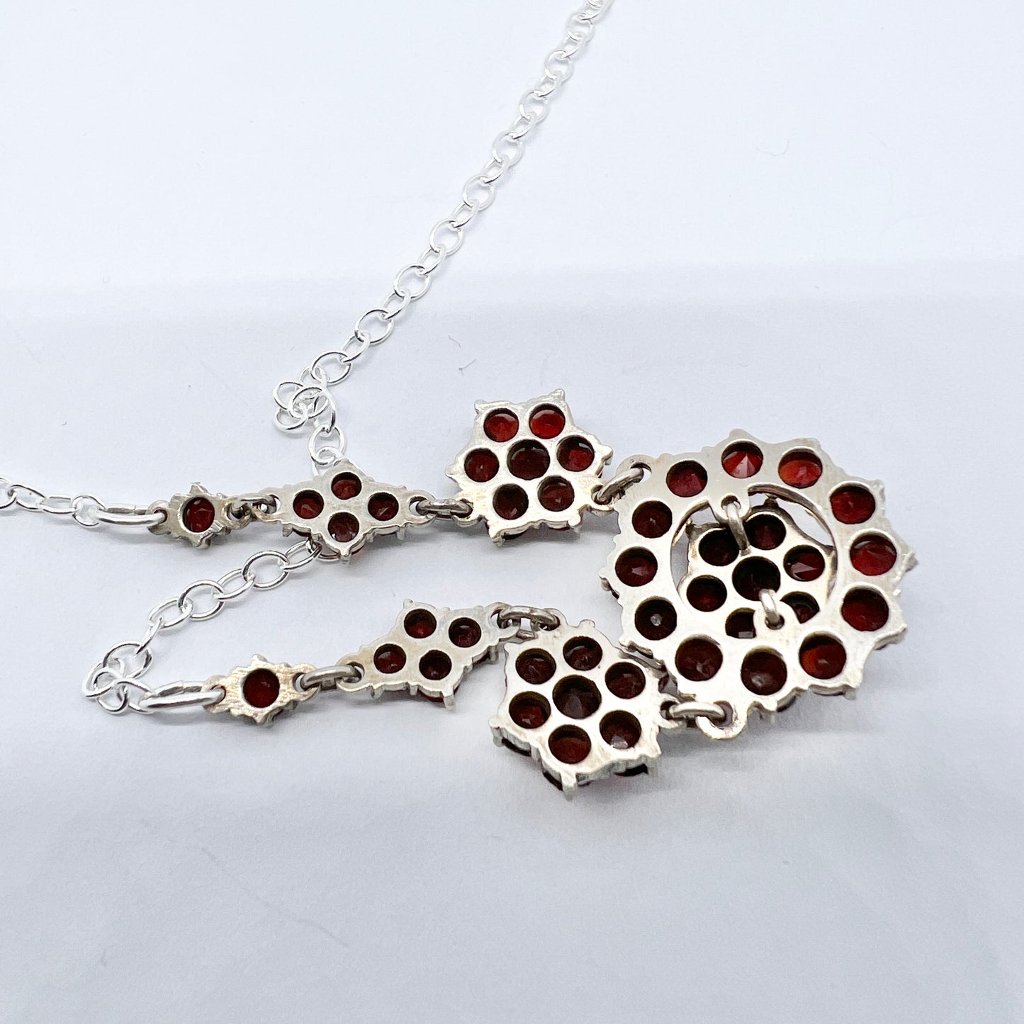 Vintage c 1950s Solid Silver Garnet Cluster Necklace.