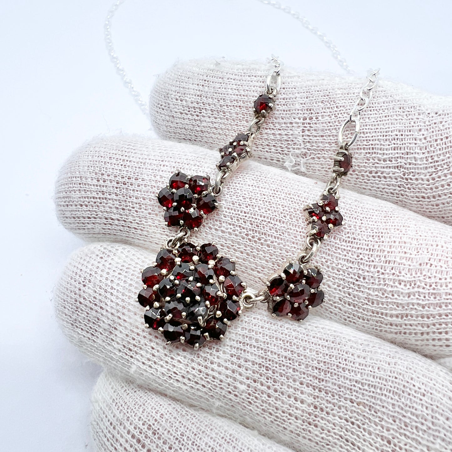 Vintage c 1950s Solid Silver Garnet Cluster Necklace.