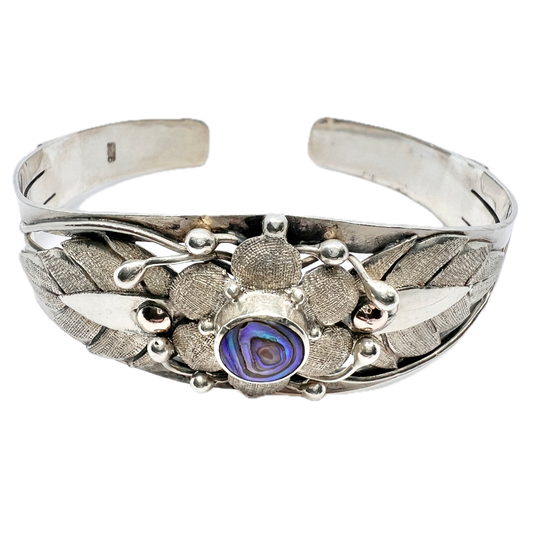 Vintage Sterling Silver Abalone Cuff Bracelet.