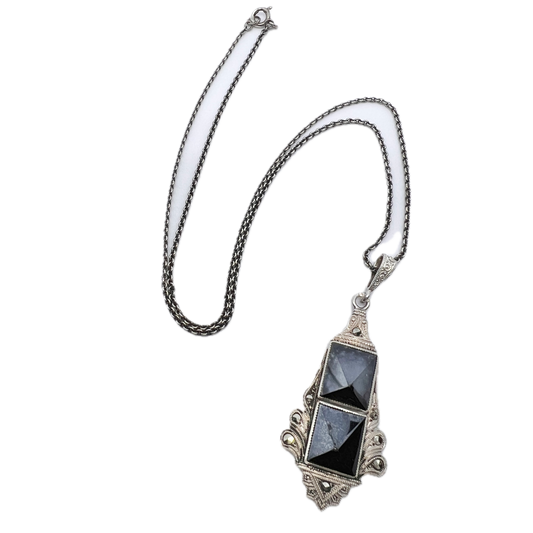 Vintage 1930-40s late Art Deco Silver Onyx Marcasite Necklace.