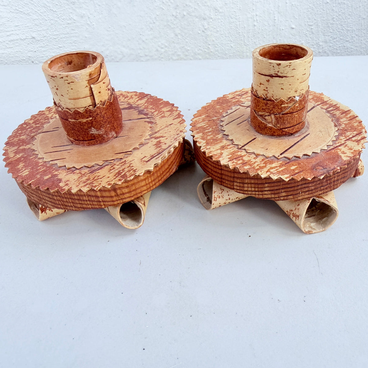 Sweden 1973. Vintage Folk Art Birch Bark Candlesticks.