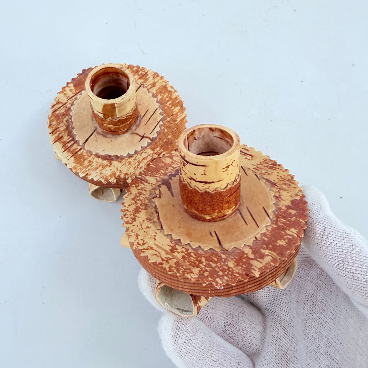 Sweden 1973. Vintage Folk Art Birch Bark Candlesticks.