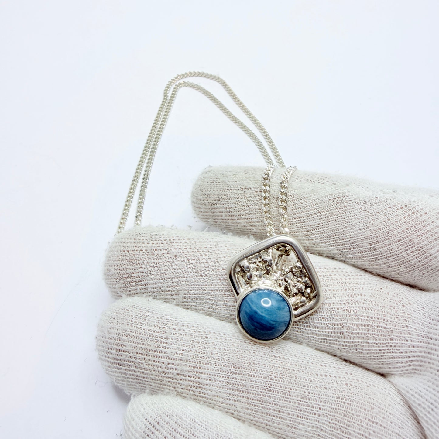 O Nordström, Sweden. Vintage Sterling Silver Bergslagen-stone Pendant Long Chain Necklace.