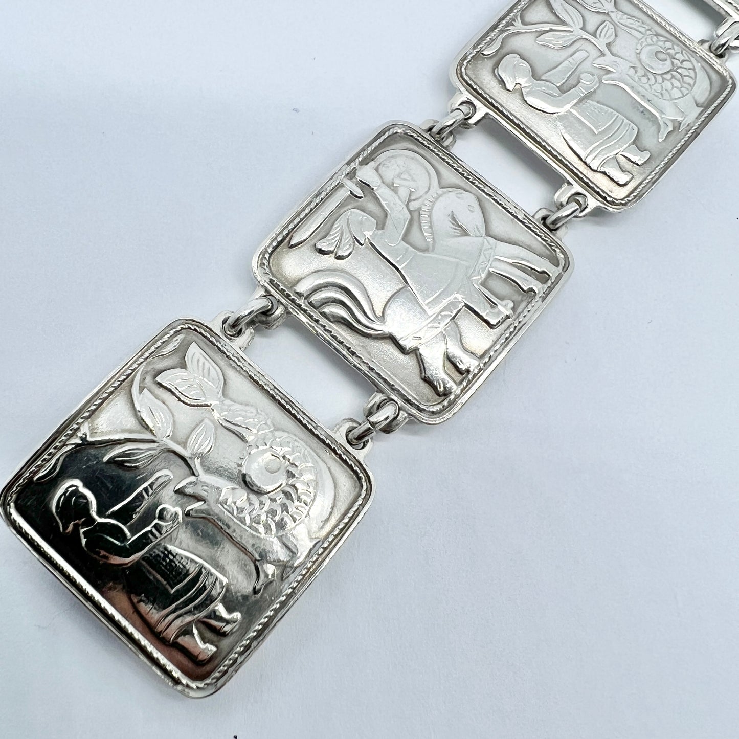 David-Andersen Norway c 1940-50s Solid Silver Panel Bracelet. Design: Eventyr / Fairy-tale