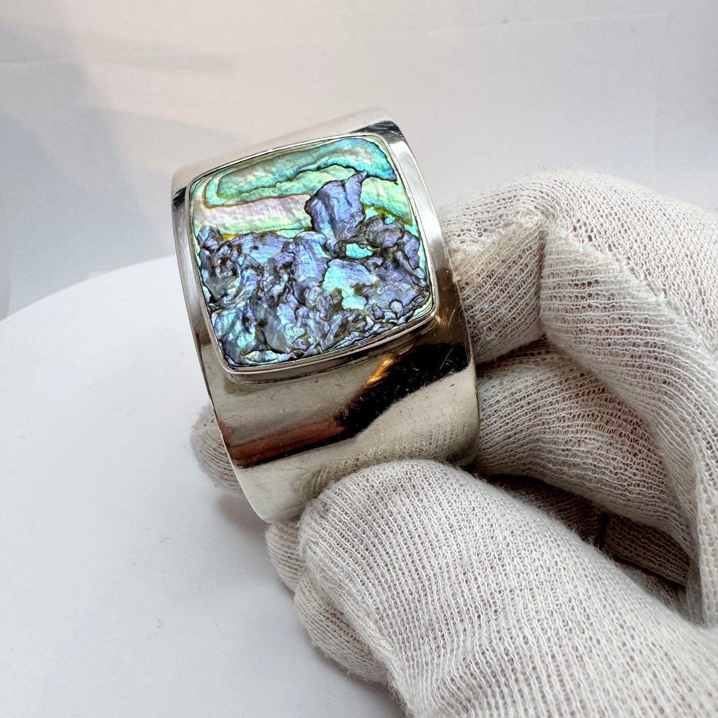 Palle Bisgaard, Denmark 1960s Vintage Chunky Sterling Silver Abalone Cuff Bracelet