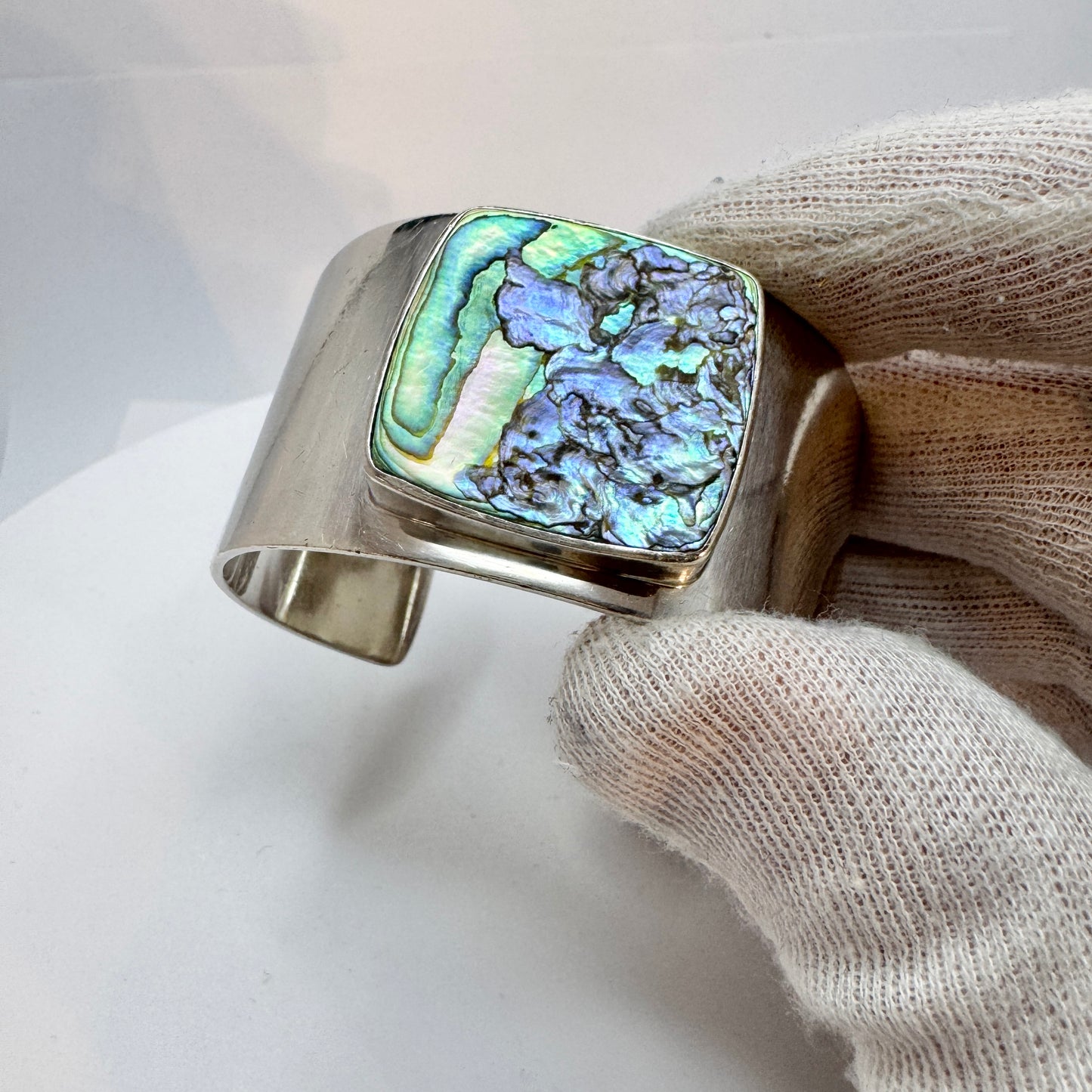 Palle Bisgaard, Denmark 1960s Vintage Chunky Sterling Silver Abalone Cuff Bracelet