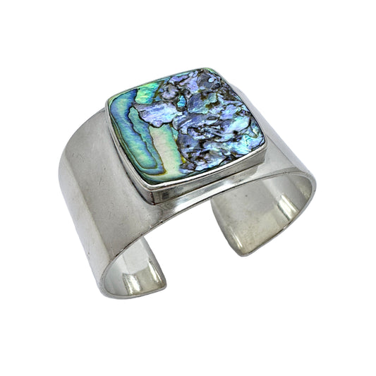 Palle Bisgaard, Denmark 1960s Vintage Chunky Sterling Silver Abalone Cuff Bracelet