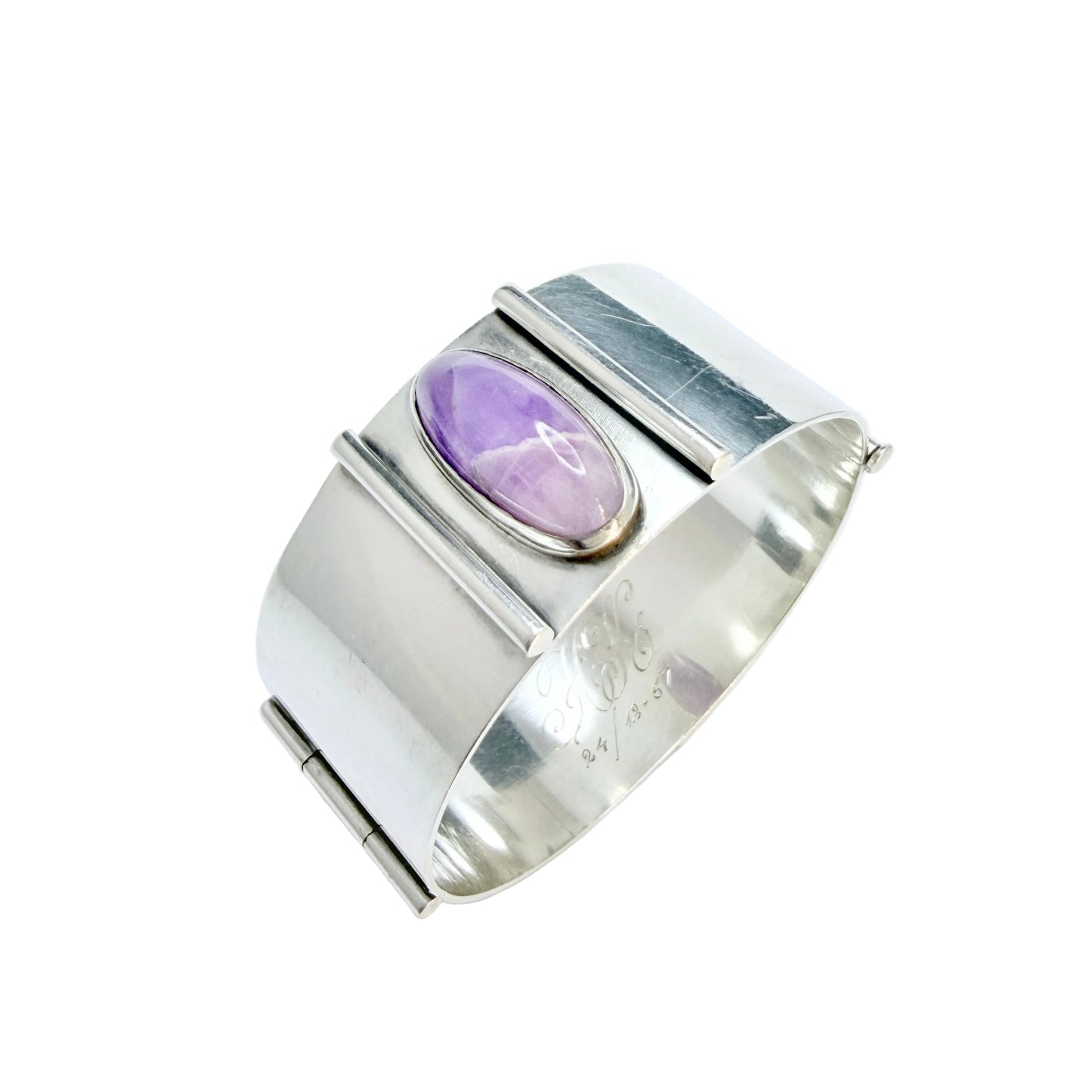 H.Kaksonen, Finland 1957. Vintage Solid Silver Amethyst Hinged Bangle Bracelet.