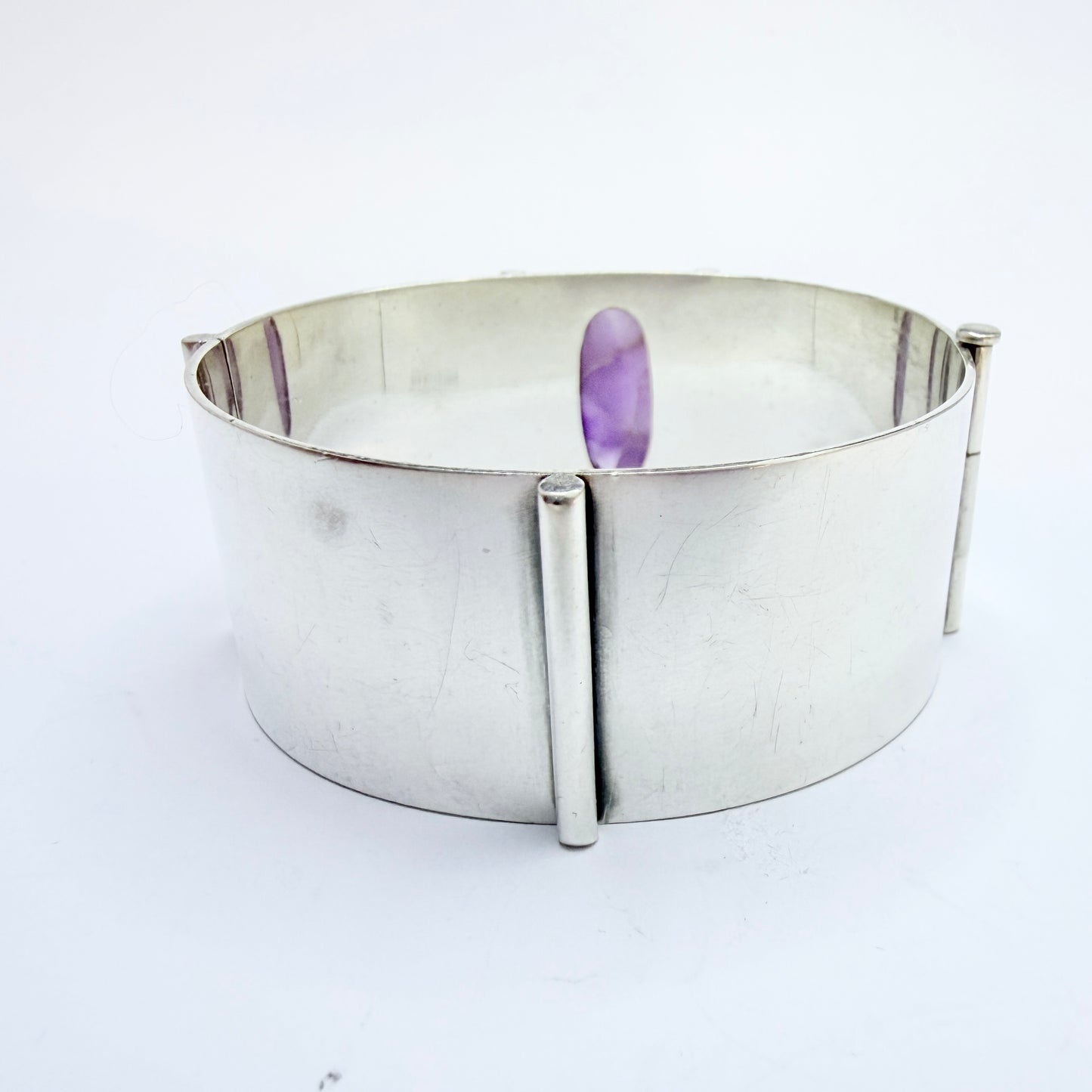H.Kaksonen, Finland 1957. Vintage Solid Silver Amethyst Hinged Bangle Bracelet.
