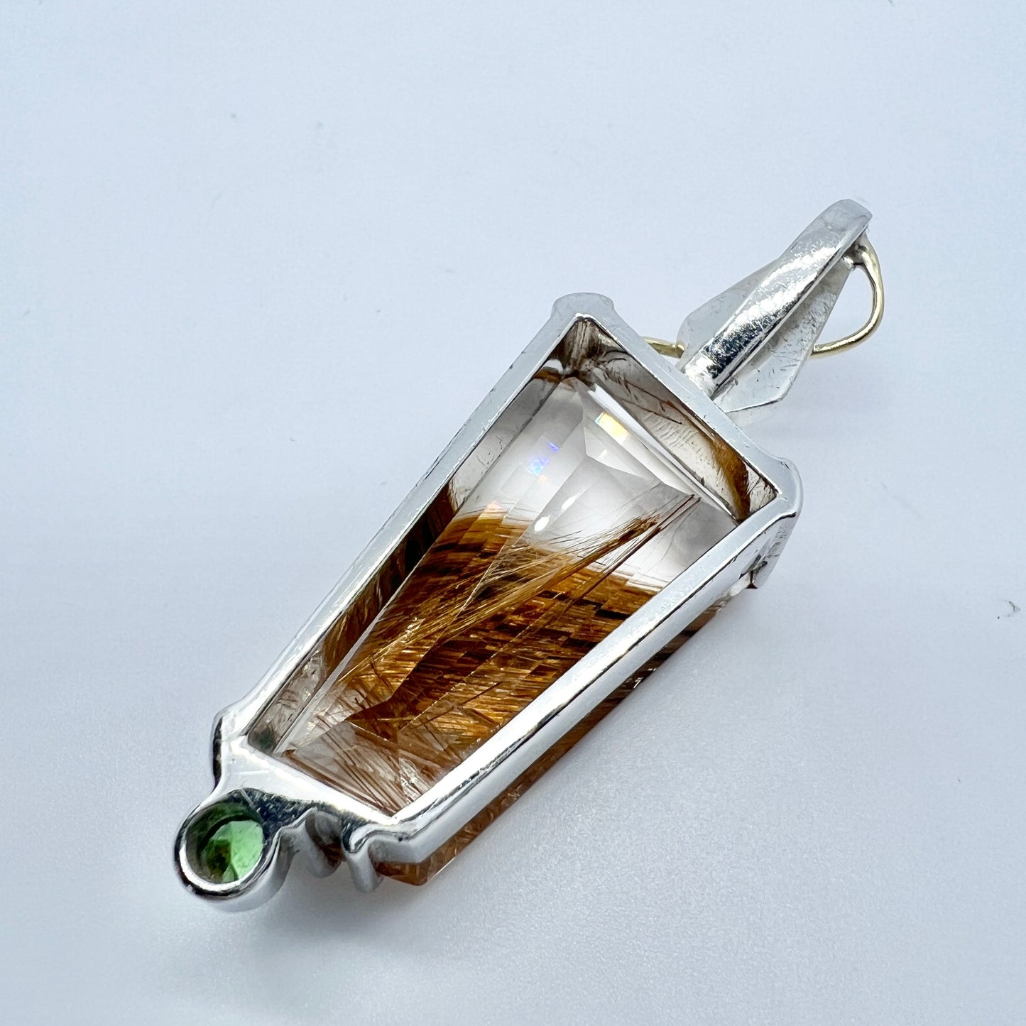 Vintage Sterling Silver 18k Gold Ritualized Quartz Tourmaline Pendant.