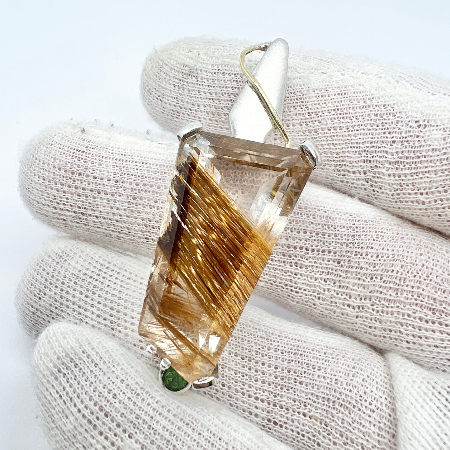 Vintage Sterling Silver 18k Gold Ritualized Quartz Tourmaline Pendant.