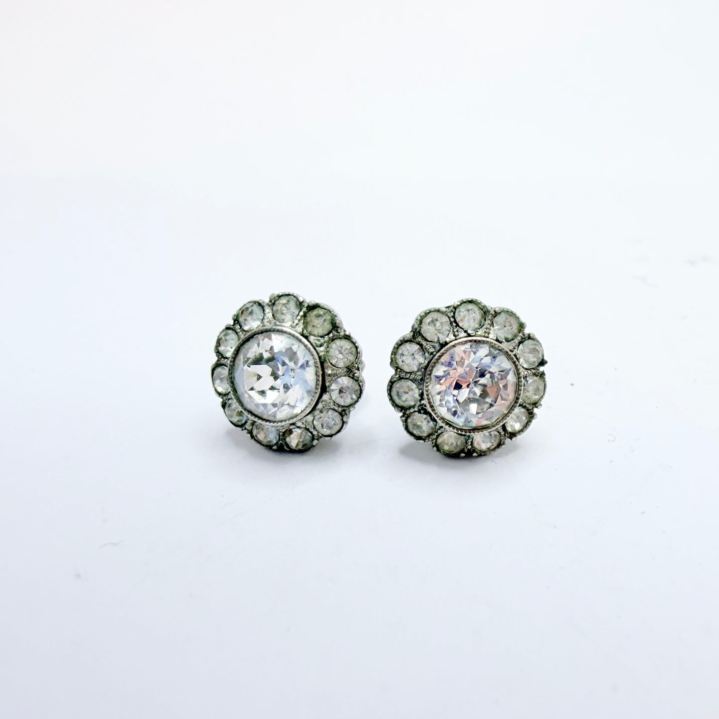 Vintage c 1930 Depression-era White Metal Paste Stone Stud Earrings.