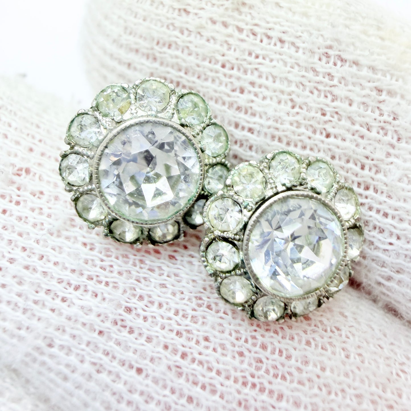 Vintage c 1930 Depression-era White Metal Paste Stone Stud Earrings.