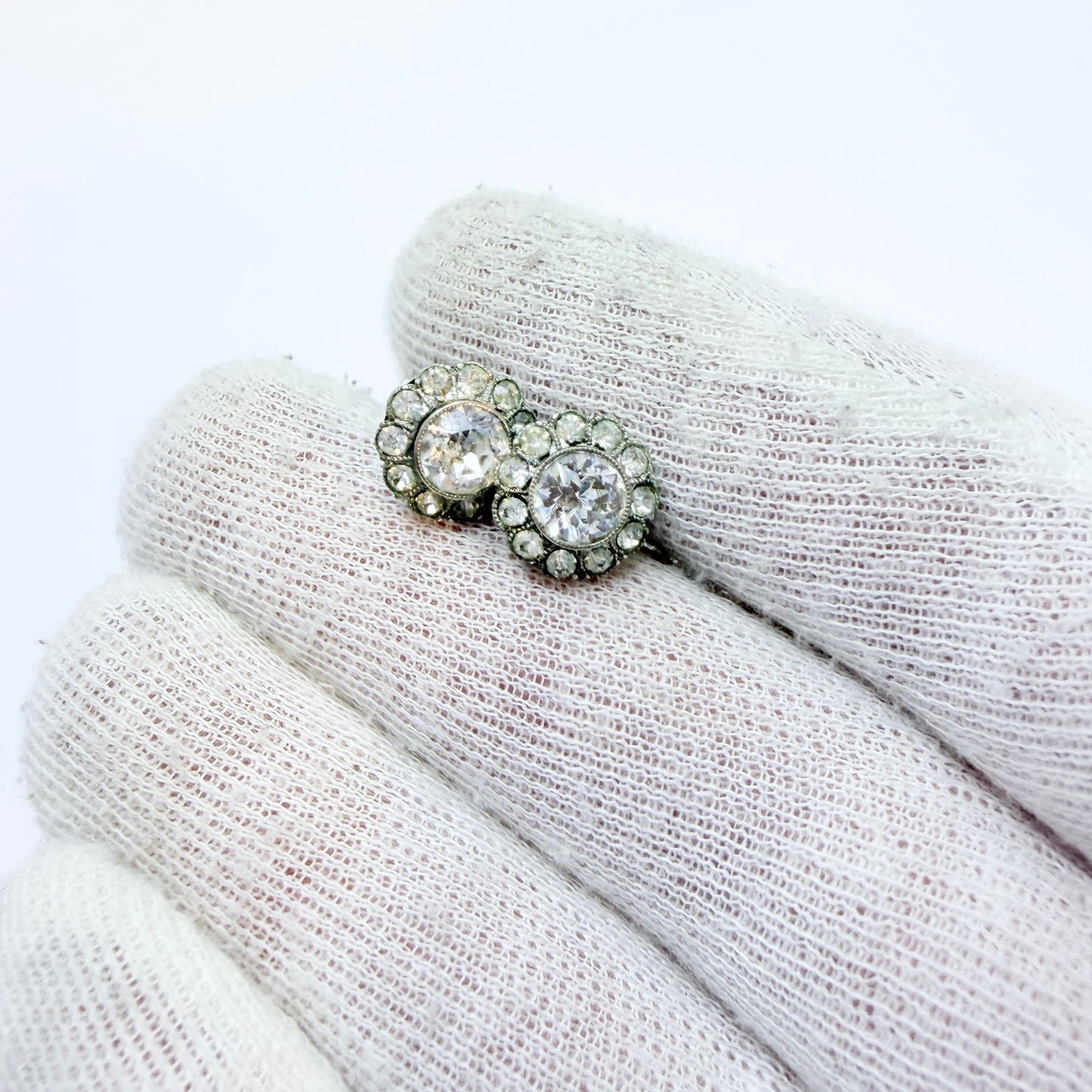Vintage c 1930 Depression-era White Metal Paste Stone Stud Earrings.