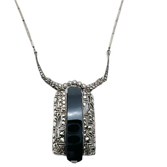Vintage 1930s Art Deco Sterling 935 Silver Onyx Marcasite Pendant Necklace.