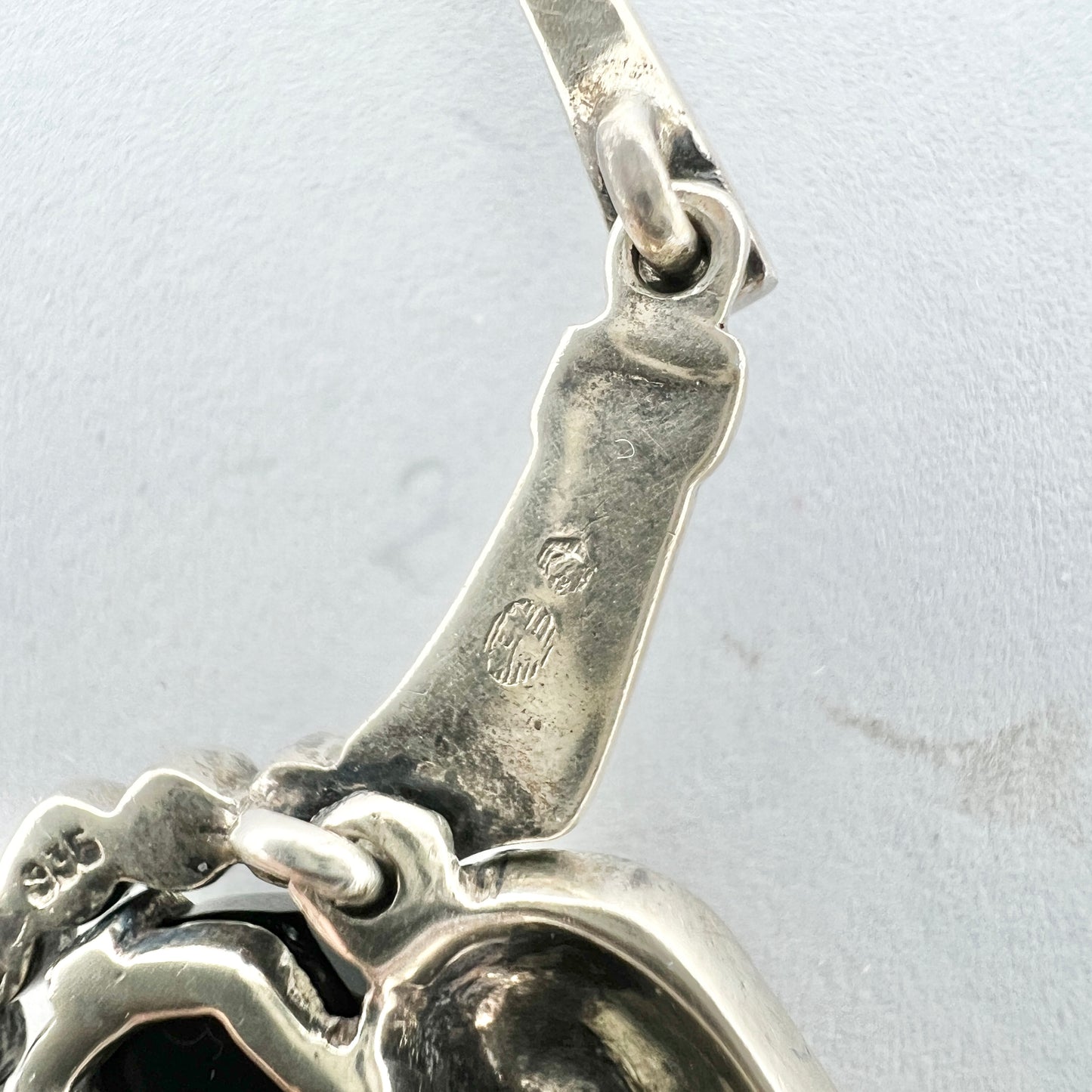 Vintage 1930s Art Deco Sterling 935 Silver Onyx Marcasite Pendant Necklace.