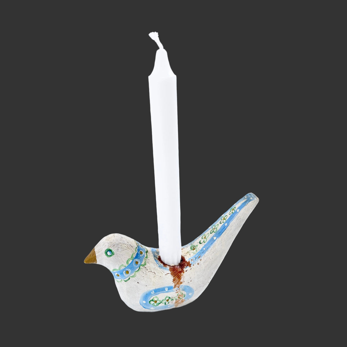 Sweden. Antique Folk Art Carved and Painted Pine Bird Candlestick.