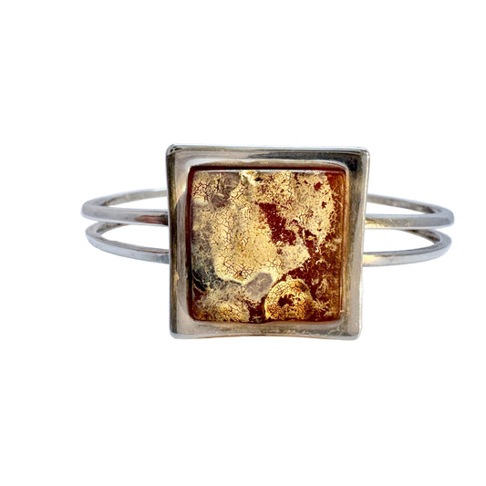 Gdansk, Poland. Vintage Sterling Silver Baltic Amber Hinged Bracelet.