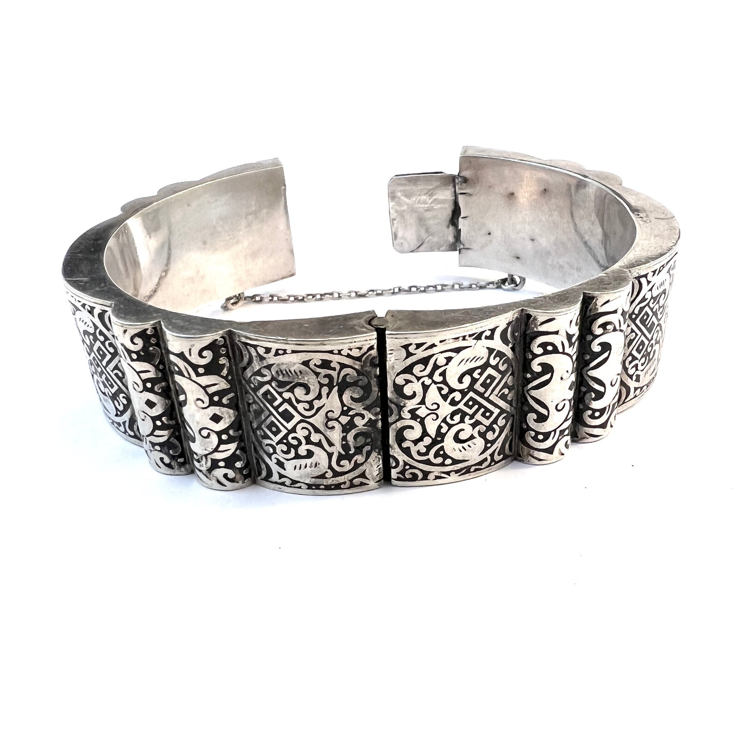 Topazio, Portugal Mid-Century 835 Silver Niello Chunky Bracelet