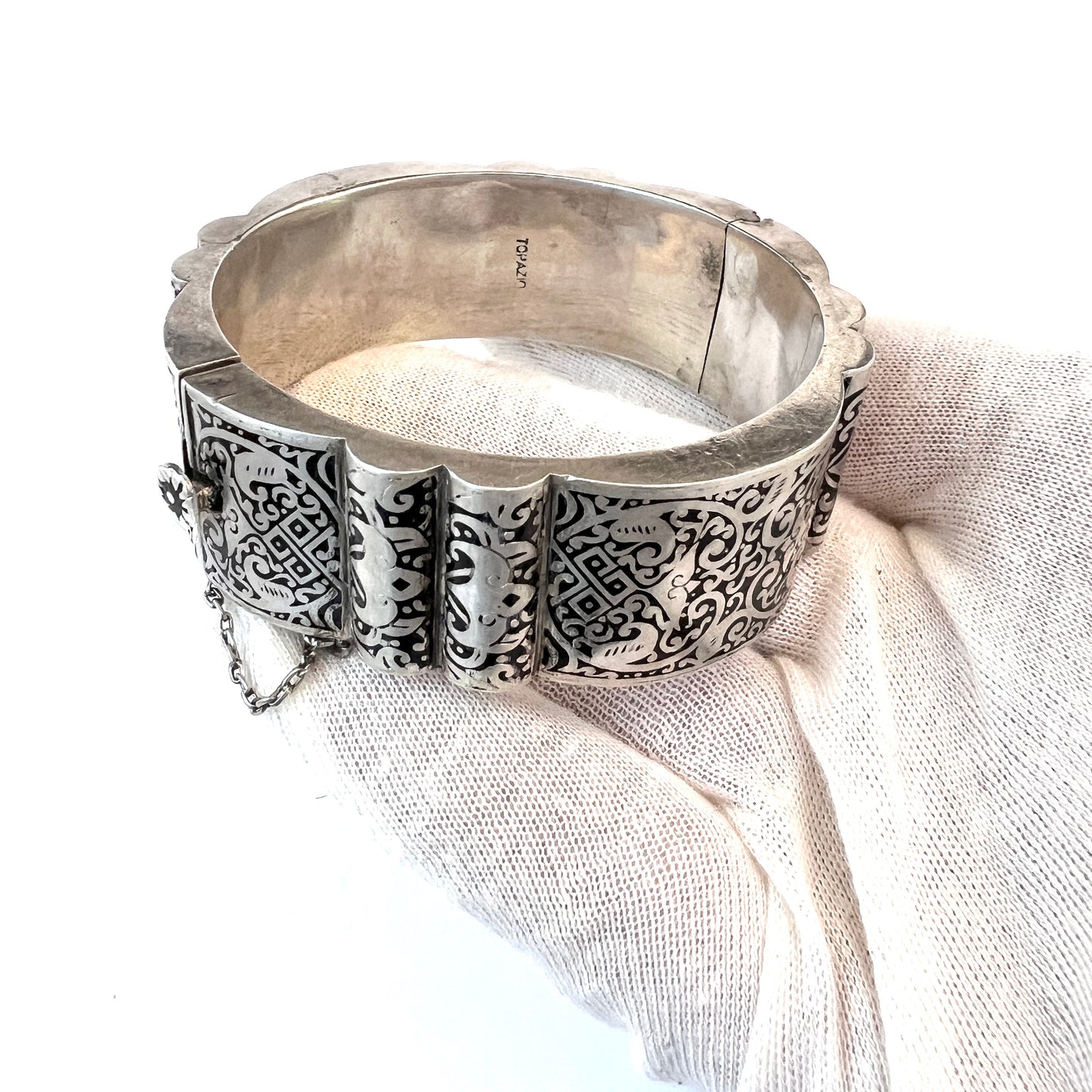 Topazio, Portugal Mid-Century 835 Silver Niello Chunky Bracelet