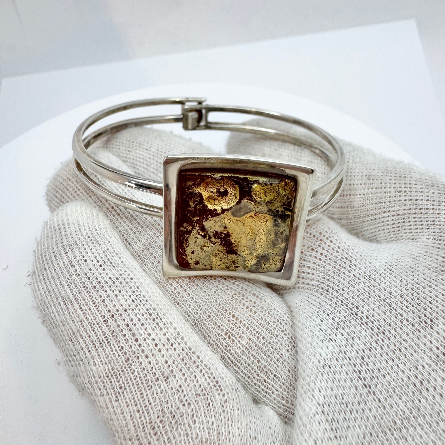 Gdansk, Poland. Vintage Sterling Silver Baltic Amber Hinged Bracelet.