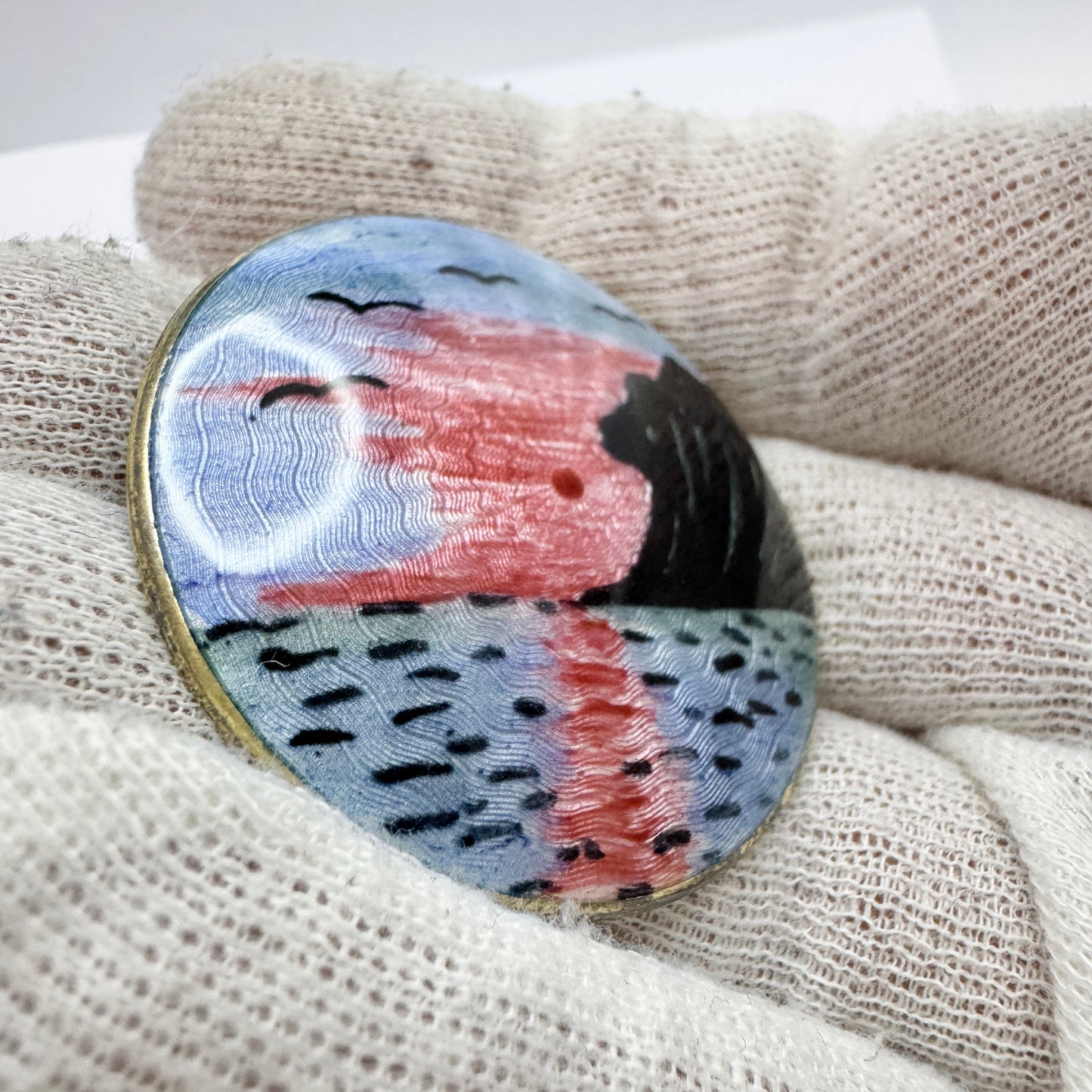 Finn Jensen, Norway c 1950s. Sterling Silver Enamel Fjord Sunset Brooch.