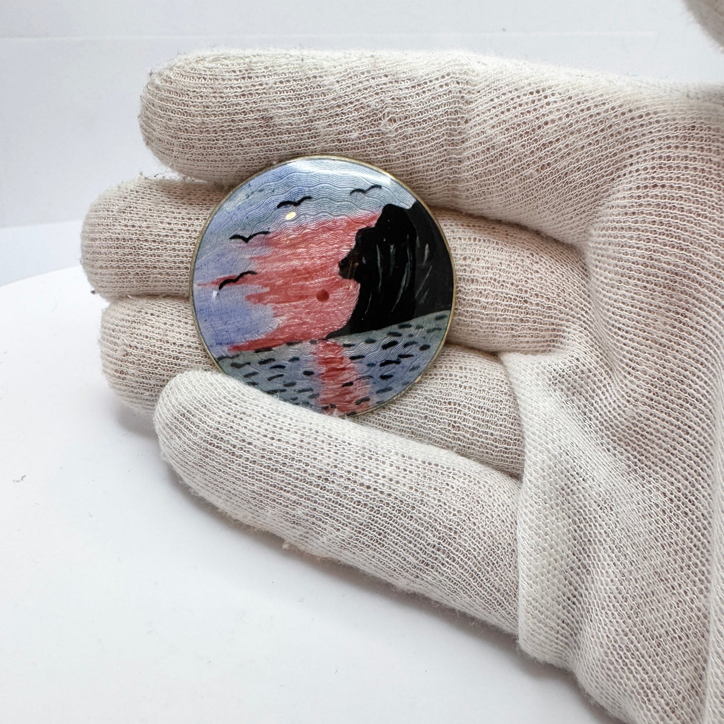 Finn Jensen, Norway c 1950s. Sterling Silver Enamel Fjord Sunset Brooch.