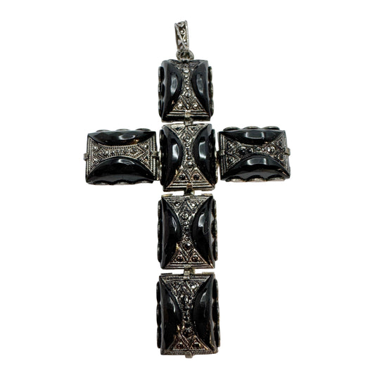 Sweden c 1930. Vintage Art Deco Solid SIlver Onyx Marcasite Cross Pendant.