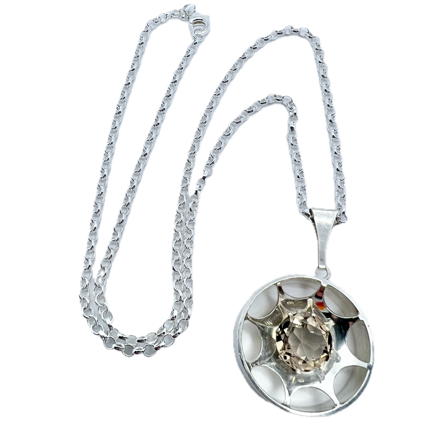 Salovaara, Finland 1970s Solid Silver Smoky Quartz Pendant + Chain.