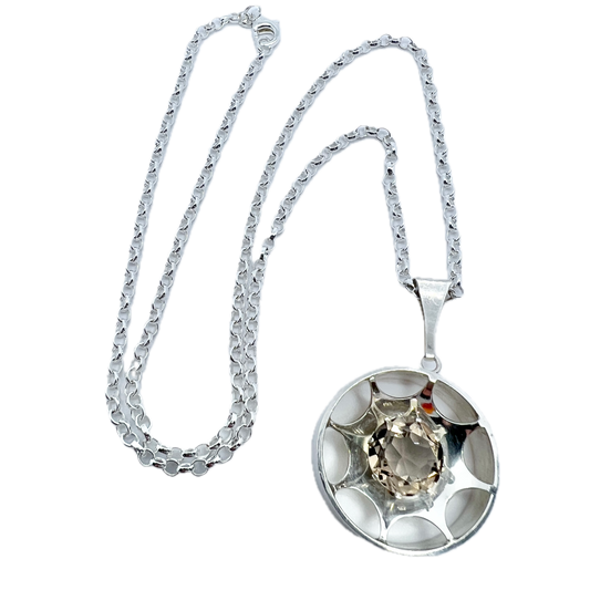 Salovaara, Finland 1970s Solid Silver Smoky Quartz Pendant + Chain.