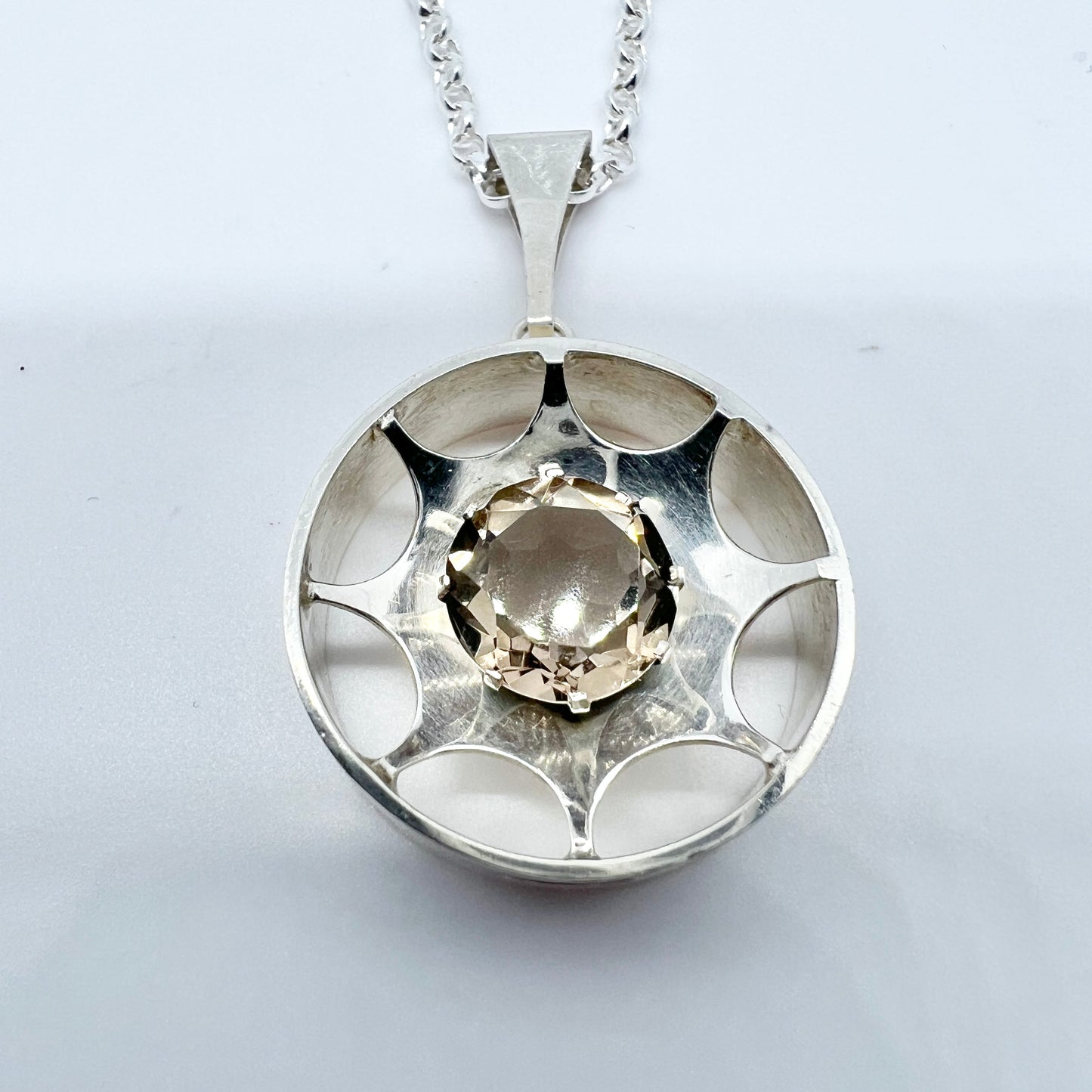 Salovaara, Finland 1970s Solid Silver Smoky Quartz Pendant + Chain.