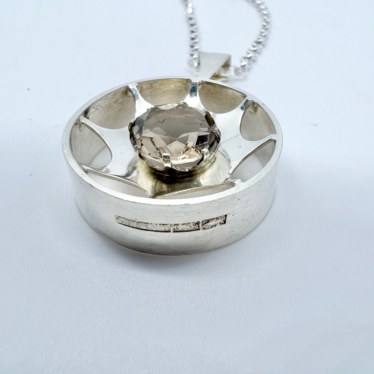 Salovaara, Finland 1970s Solid Silver Smoky Quartz Pendant + Chain.