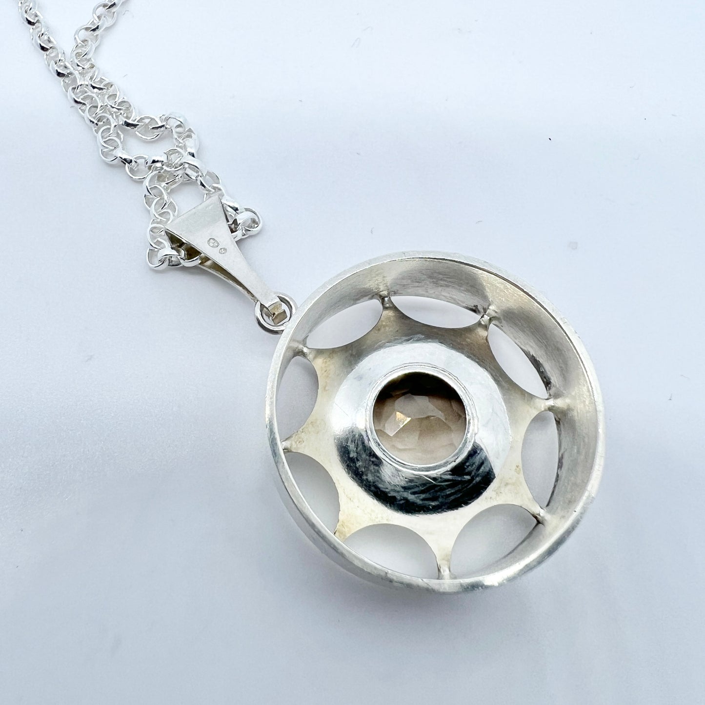 Salovaara, Finland 1970s Solid Silver Smoky Quartz Pendant + Chain.