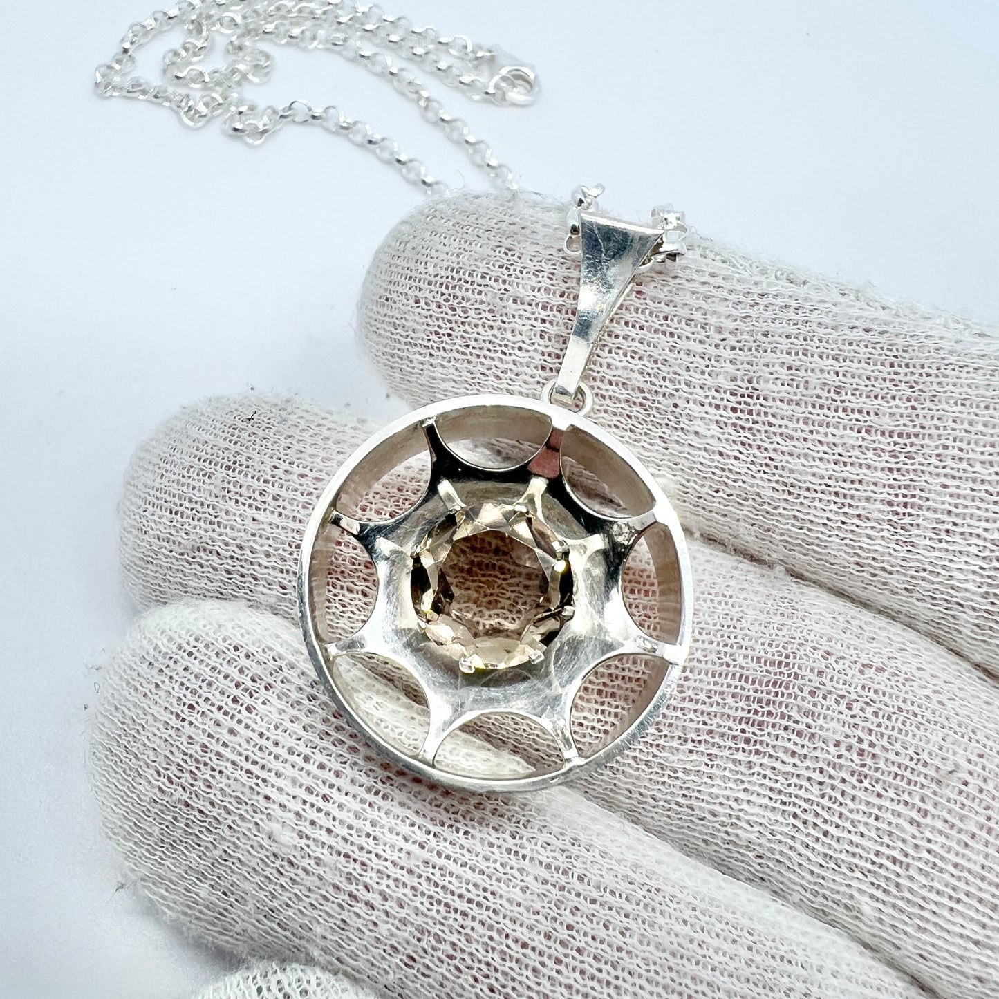 Salovaara, Finland 1970s Solid Silver Smoky Quartz Pendant + Chain.