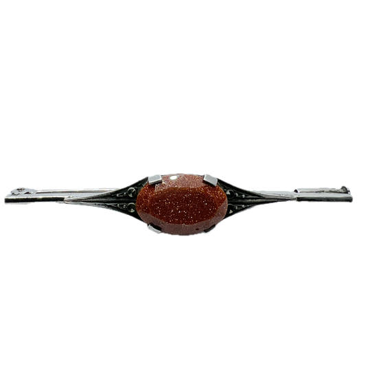 France c 1930-40s. Solid Silver Goldstone Marcasite Brooch.
