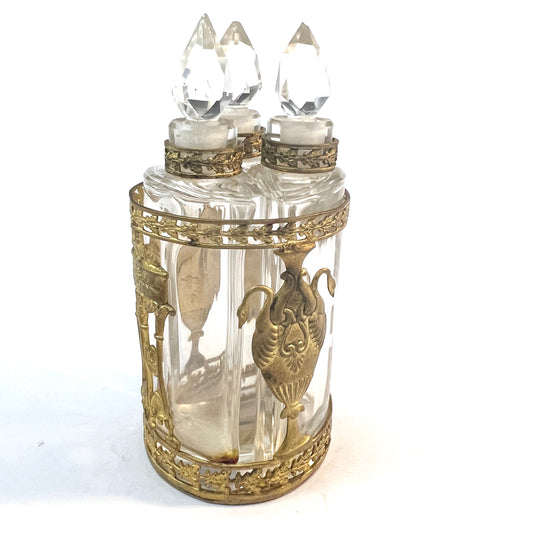 France c 1870 Bronze Crystal Glass Dressing Table Perfume Bottles with Stand. Museum Exhibition Provenance