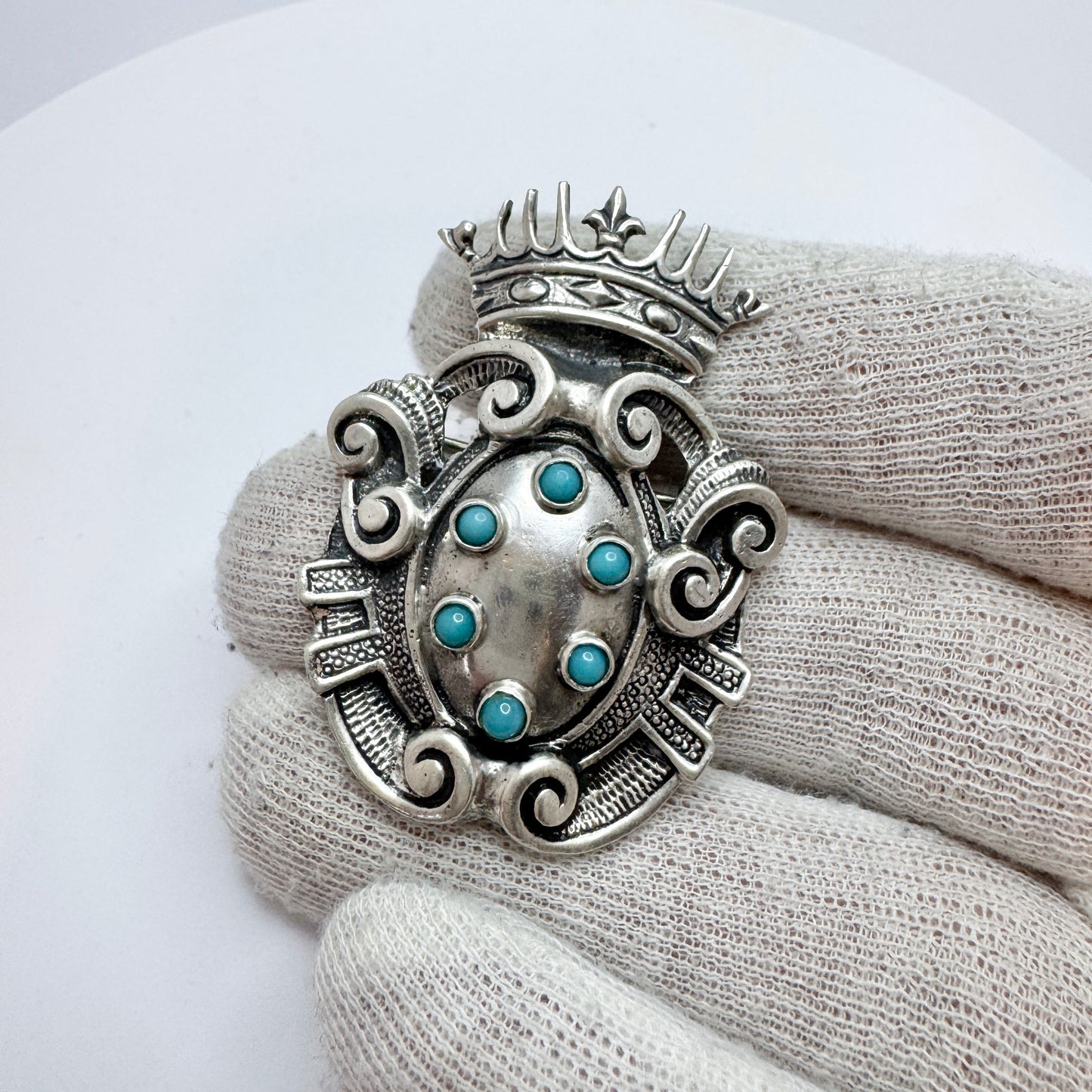 Italy c 1950s. Solid Silver Turquoise Brooch,