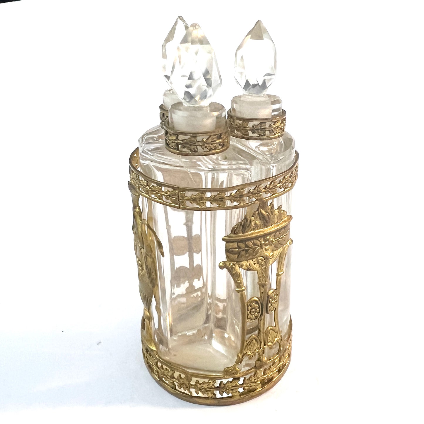 France c 1870 Bronze Crystal Glass Dressing Table Perfume Bottles with Stand. Museum Exhibition Provenance