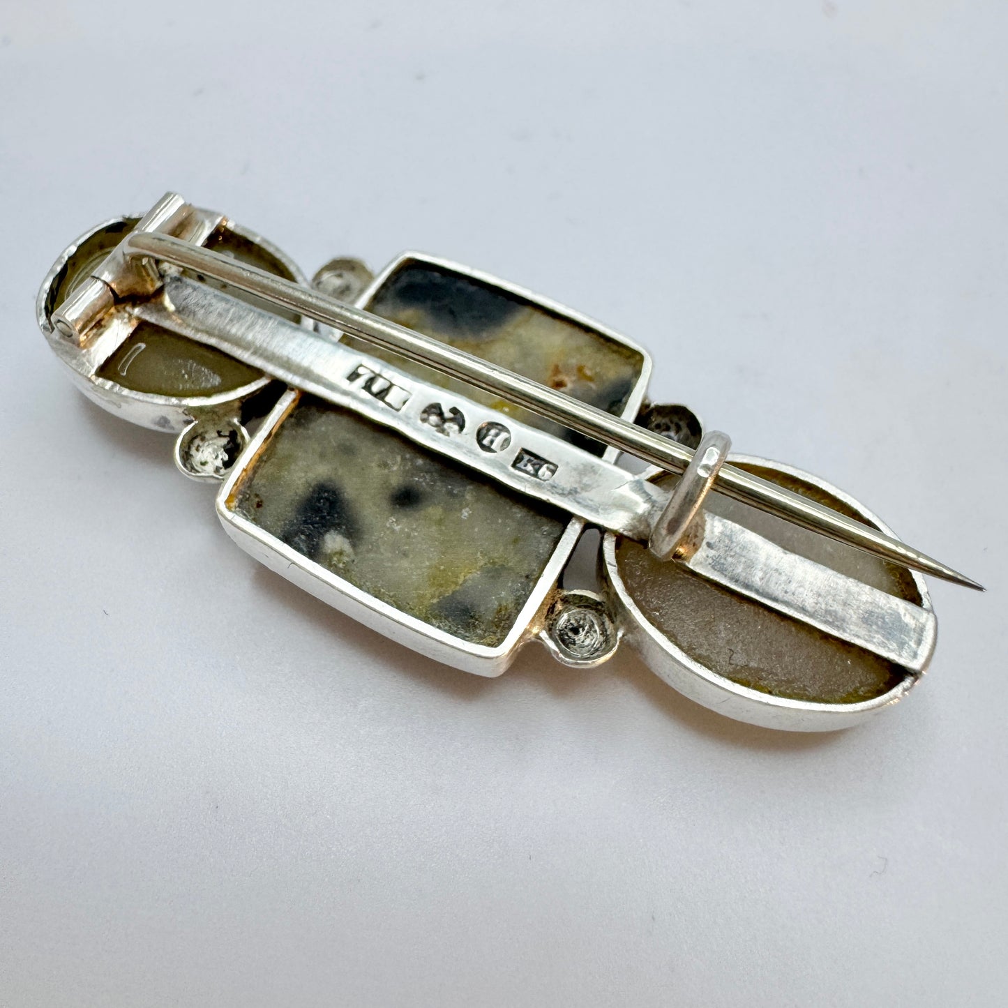Sweden year 1912. Antique Solid Silver Local Hardstone Brooch.