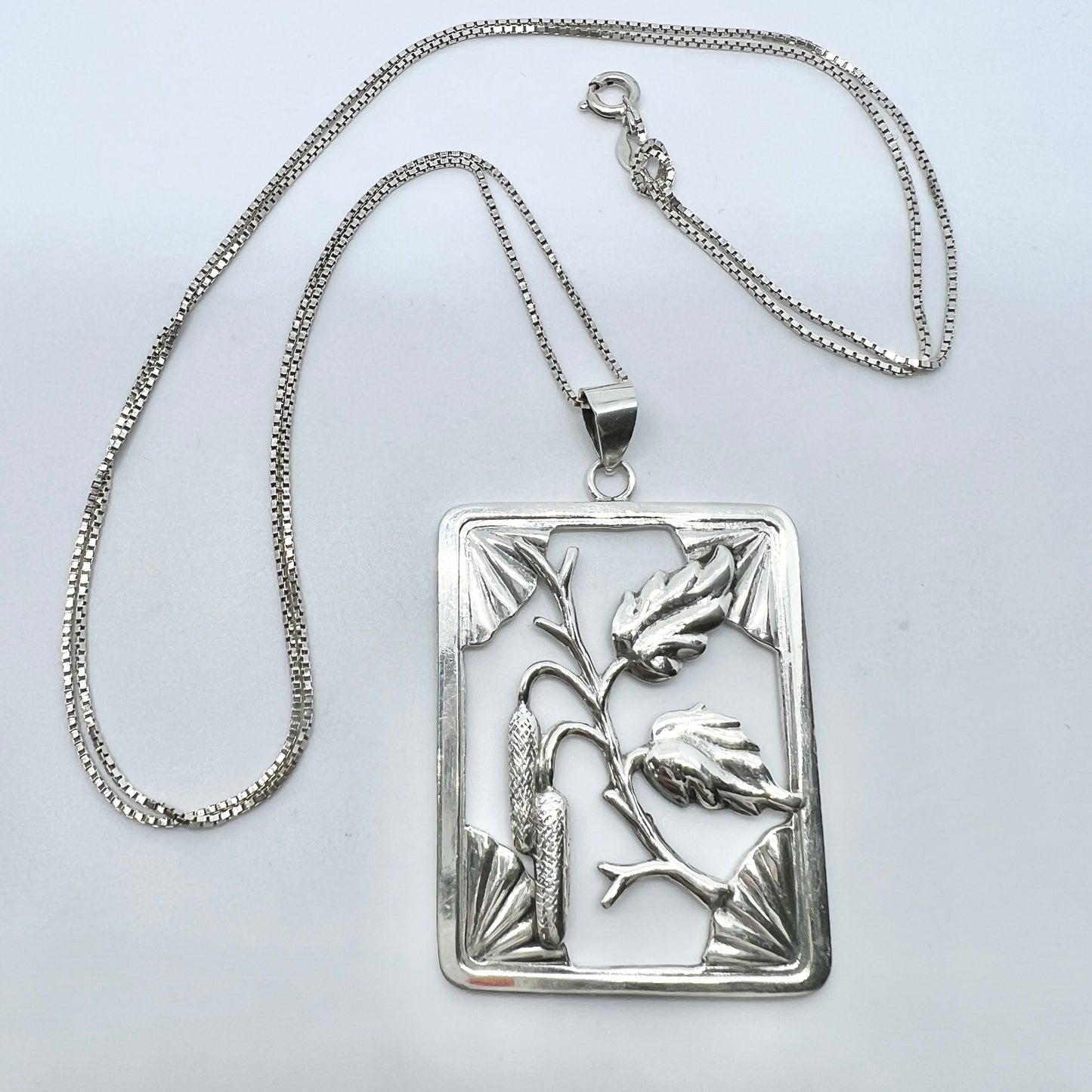 Grenol Eneret, Denmark 1940s Solid Silver Pendant + Long Chain.