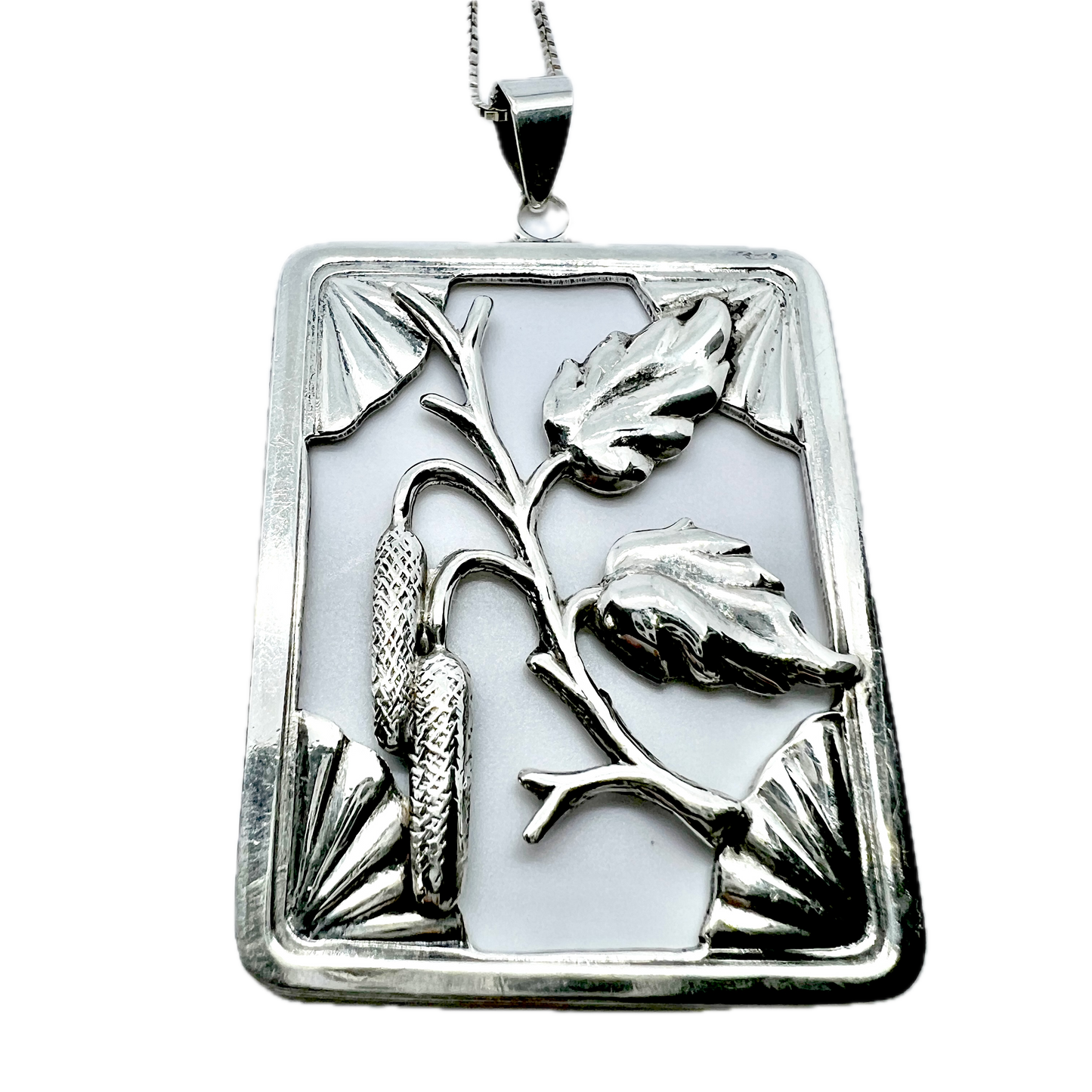 Grenol Eneret, Denmark 1940s Solid Silver Pendant + Long Chain.