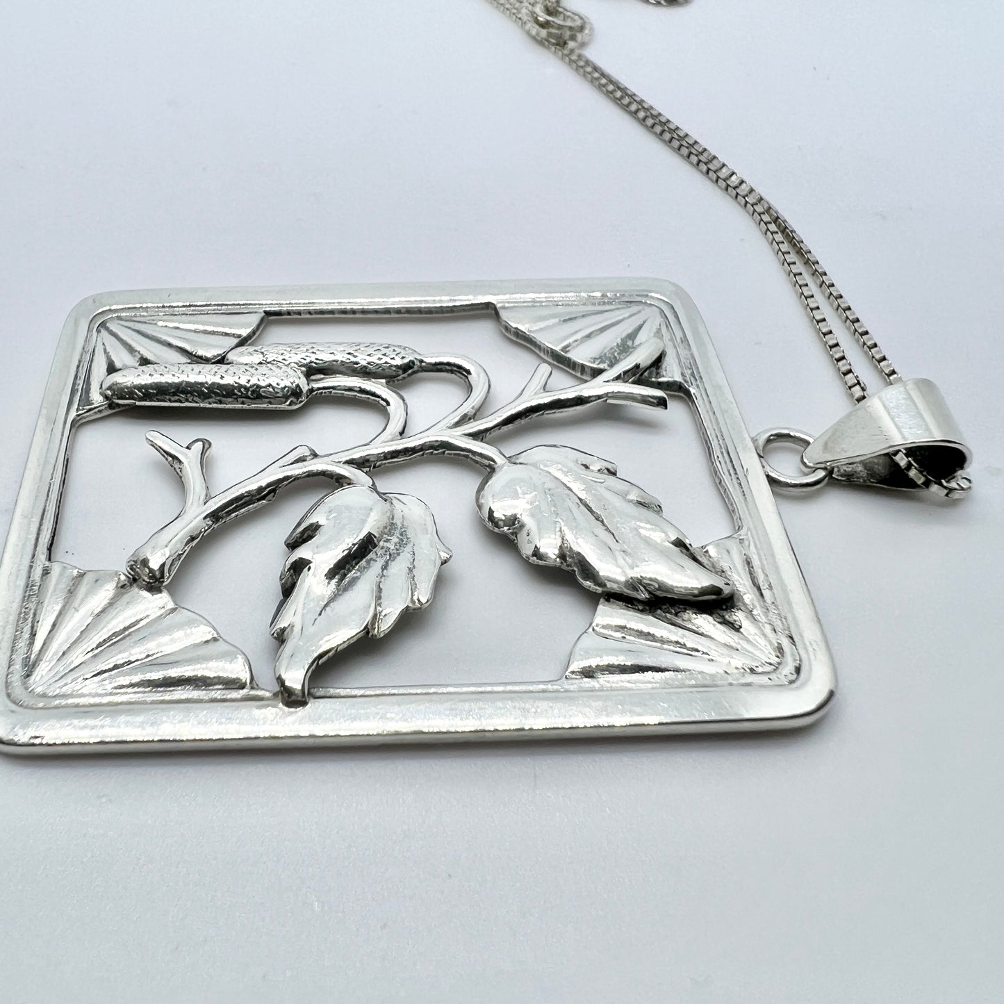 Grenol Eneret, Denmark 1940s Solid Silver Pendant + Long Chain.