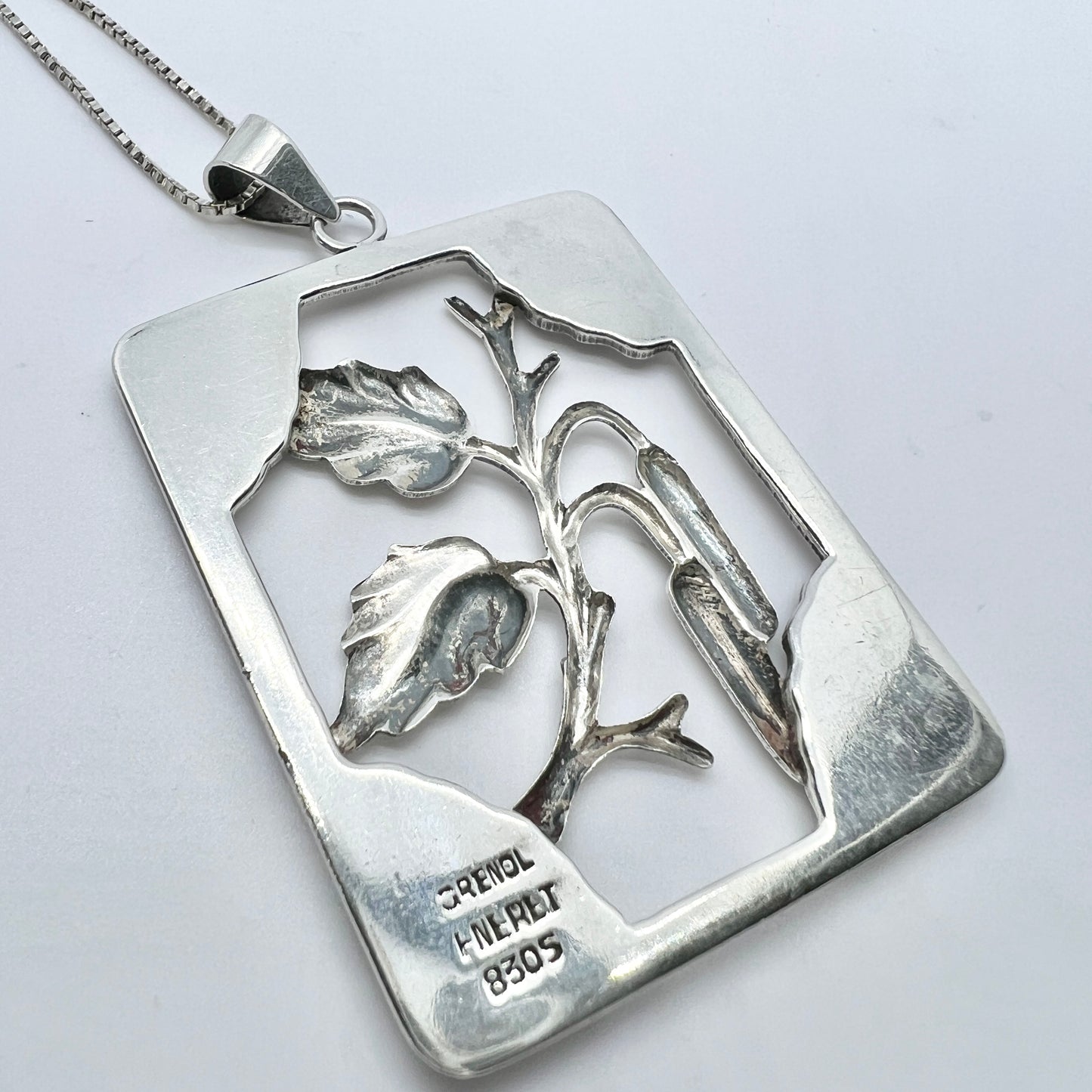 Grenol Eneret, Denmark 1940s Solid Silver Pendant + Long Chain.