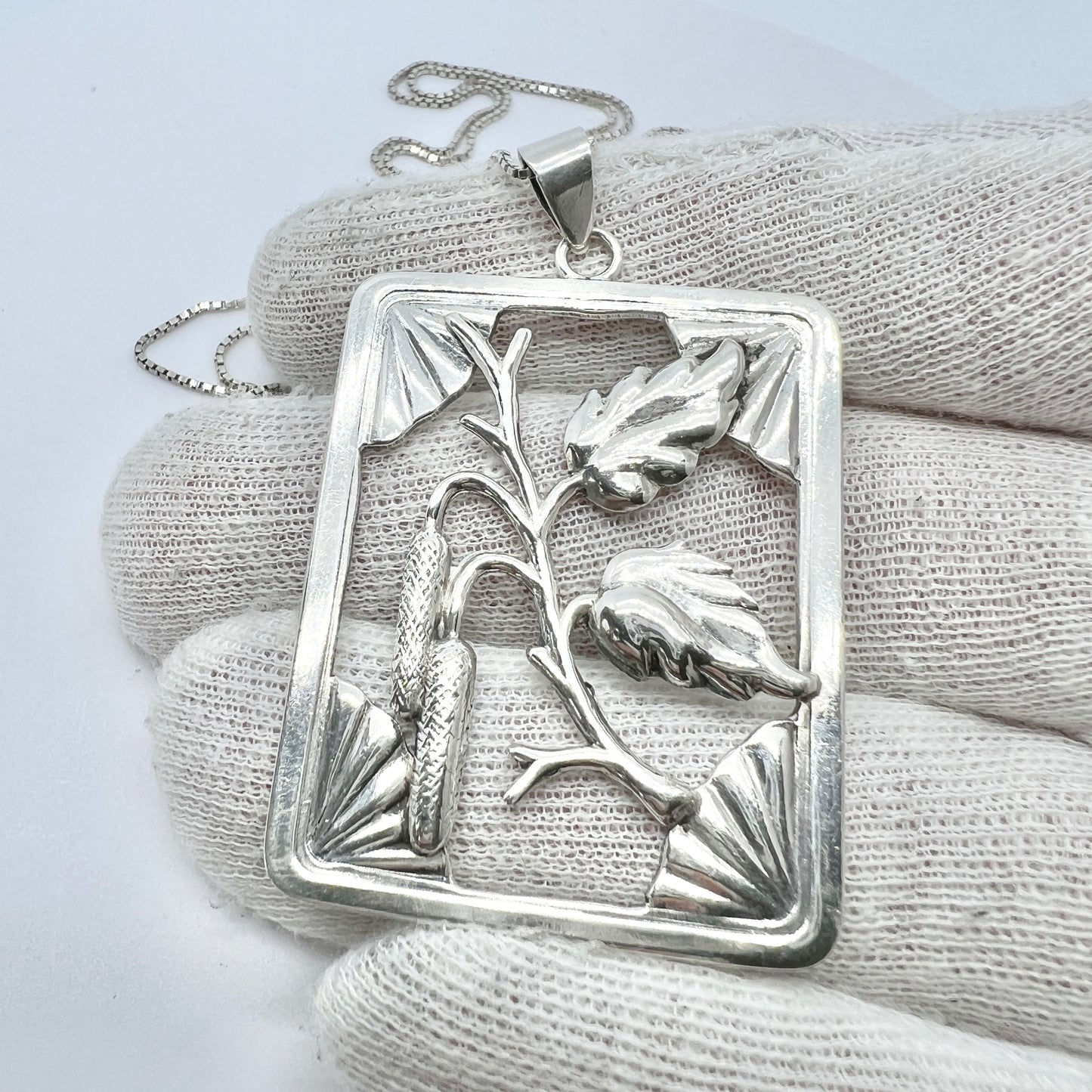 Grenol Eneret, Denmark 1940s Solid Silver Pendant + Long Chain.